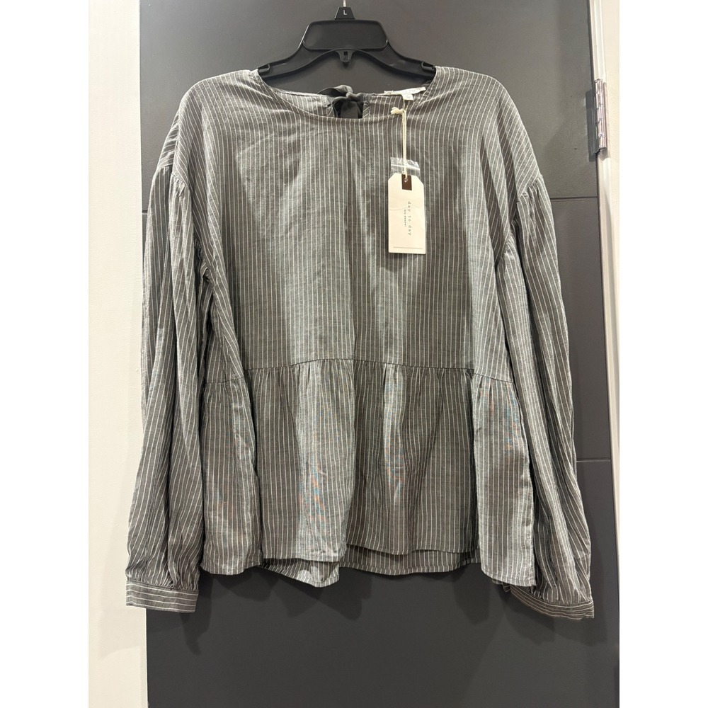 Day to‎ Day Blu Pepper Grey Striped Babydoll Blouse Ribbon Tie Back Large